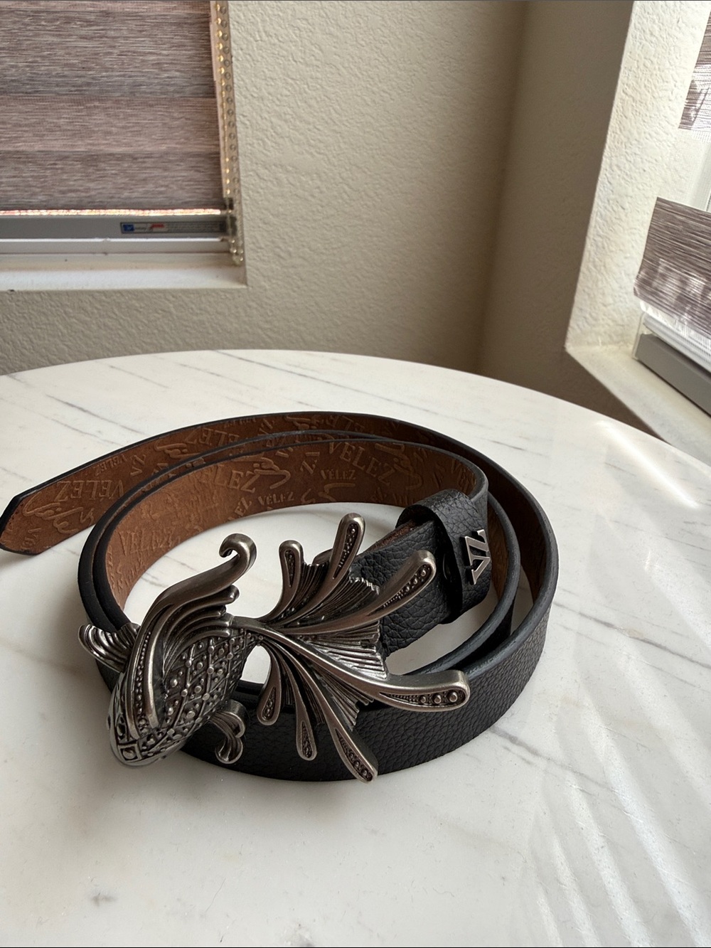Women's Black Leather Belt with Decorative Silver Fish Buckle